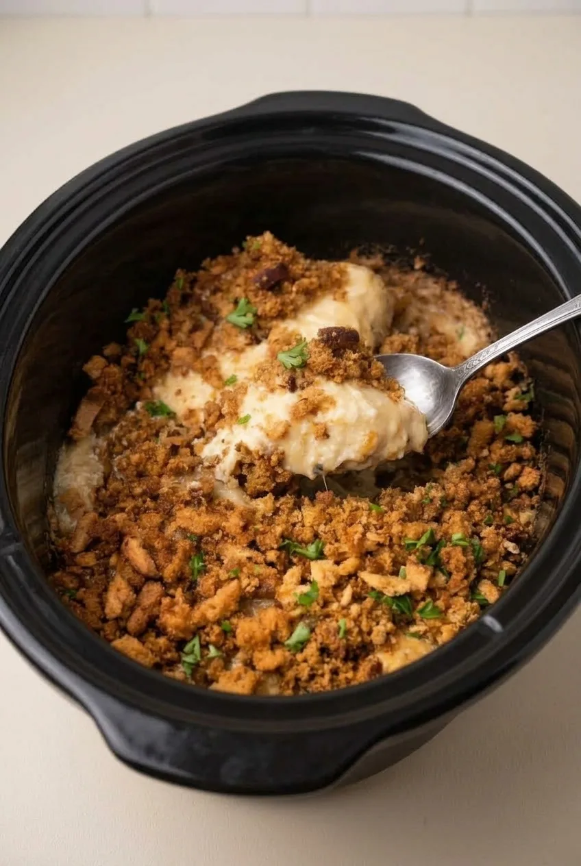 Nearly full slow cooker of chicken and golden stuffing with a lifted portion and parsley garnish