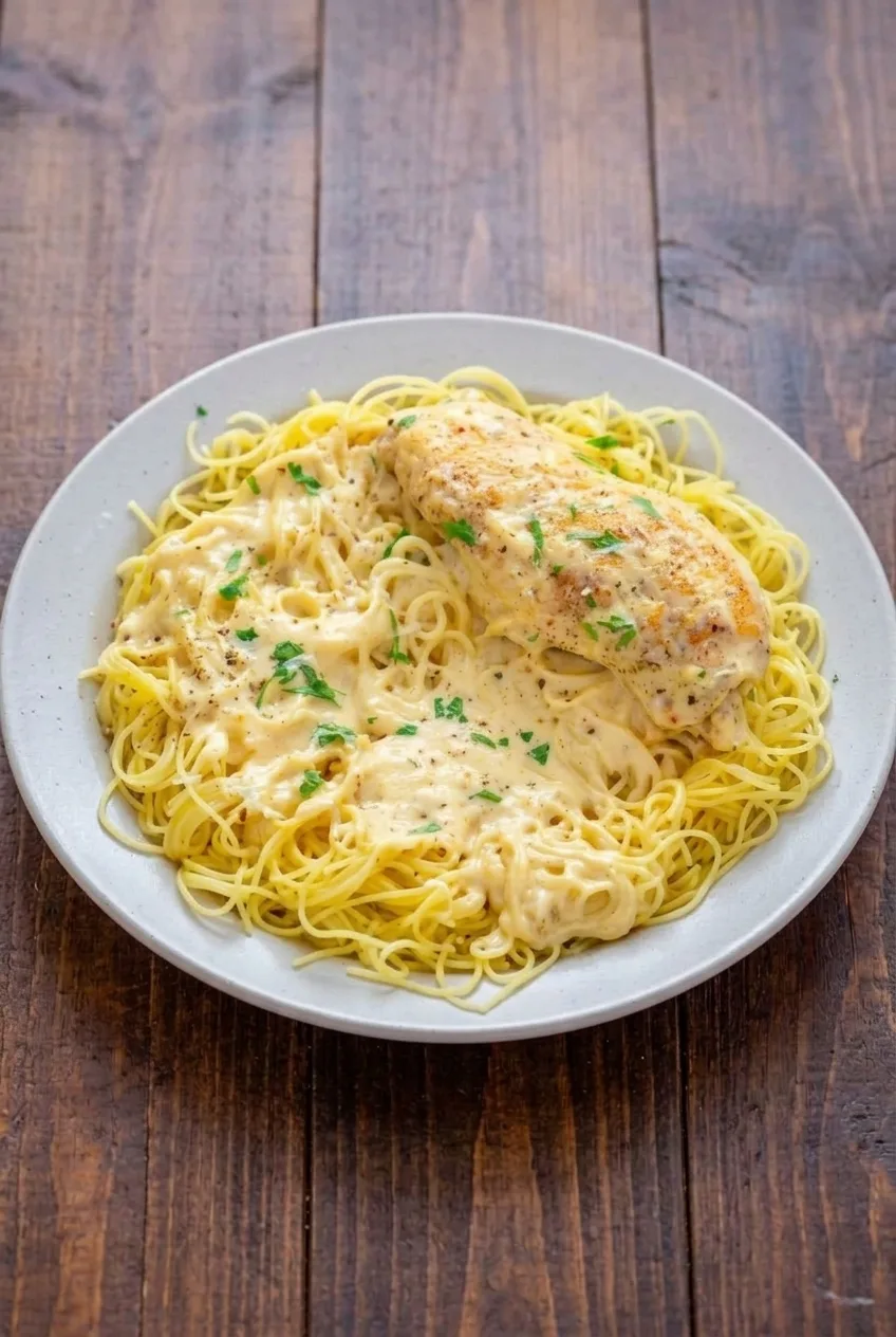 Full plate of Crockpot Angel Chicken over angel hair on a dark wooden table