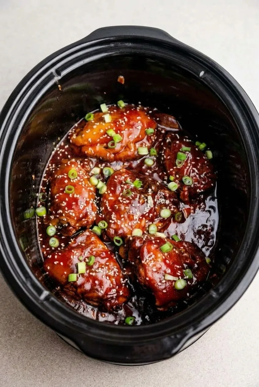 Full slow-cooker insert of glazed honey garlic chicken thighs on a neutral countertop