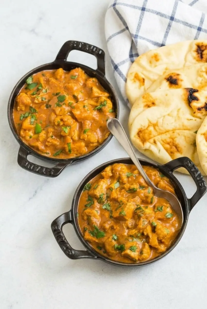 Wider view of two bowls of butter chicken with cauliflower, cilantro, and naan on a light table.