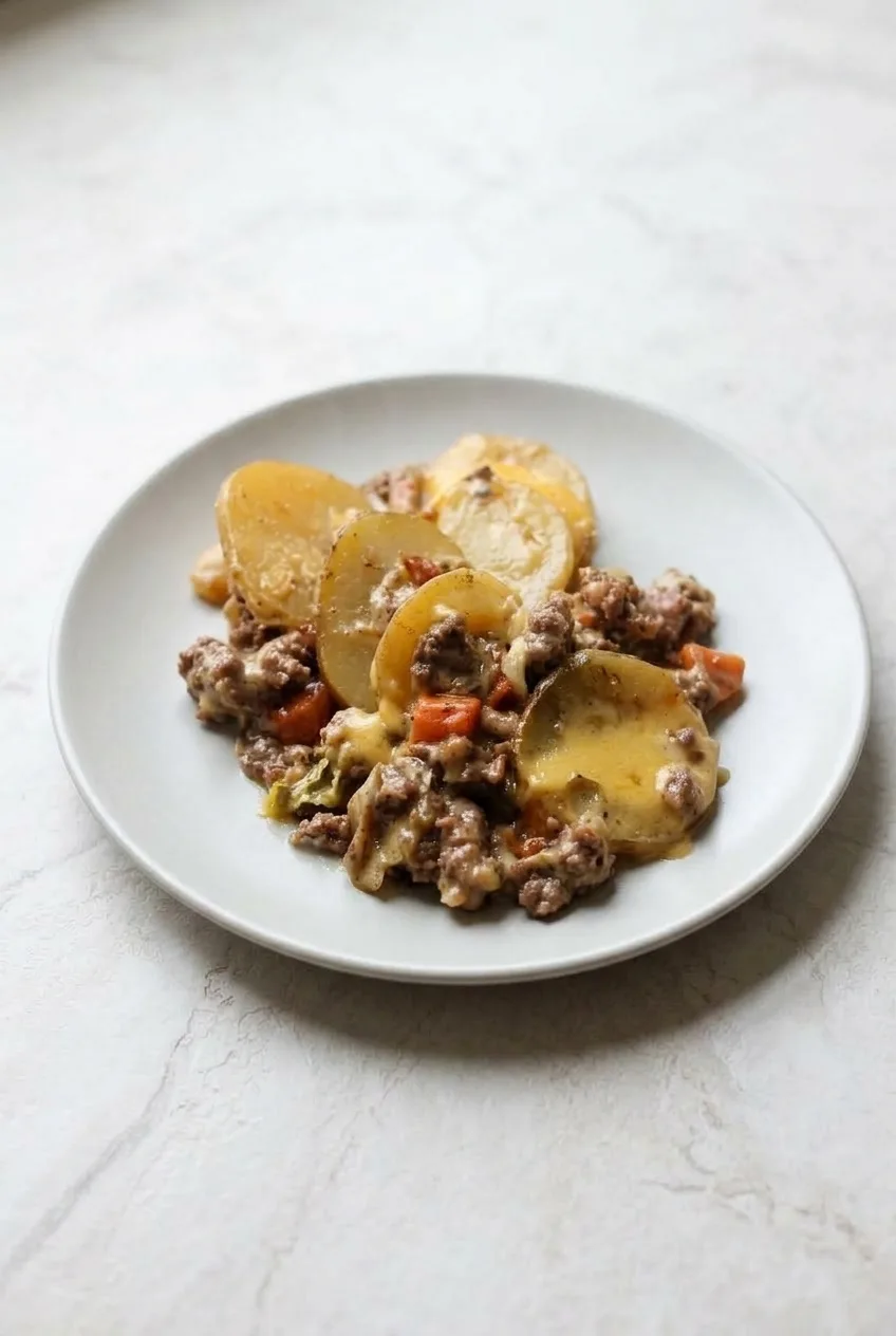 Full plate of creamy ground beef and sliced-potato casserole on a neutral surface