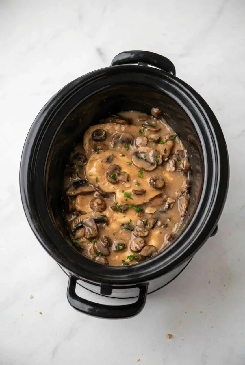 Open slow cooker of Chicken Marsala with whole breasts, mushrooms, and parsley on a pale countertop