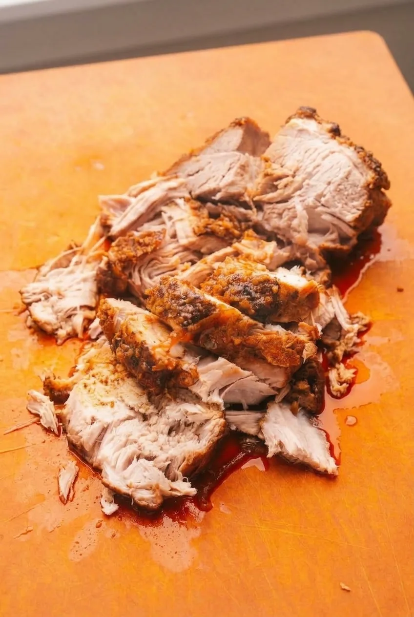Full serving of thick-cut Crock Pot pork loin with juices on a warm wooden board