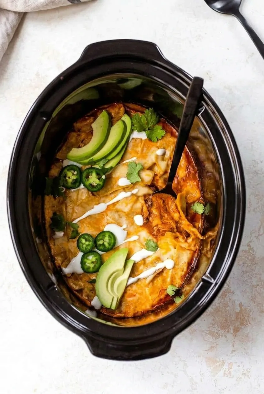 Full oval slow cooker of layered chicken enchiladas on a pale countertop