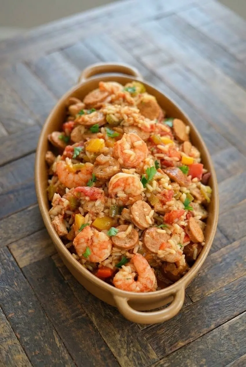Full oval dish of chicken, sausage, and shrimp jambalaya on a dark wooden table