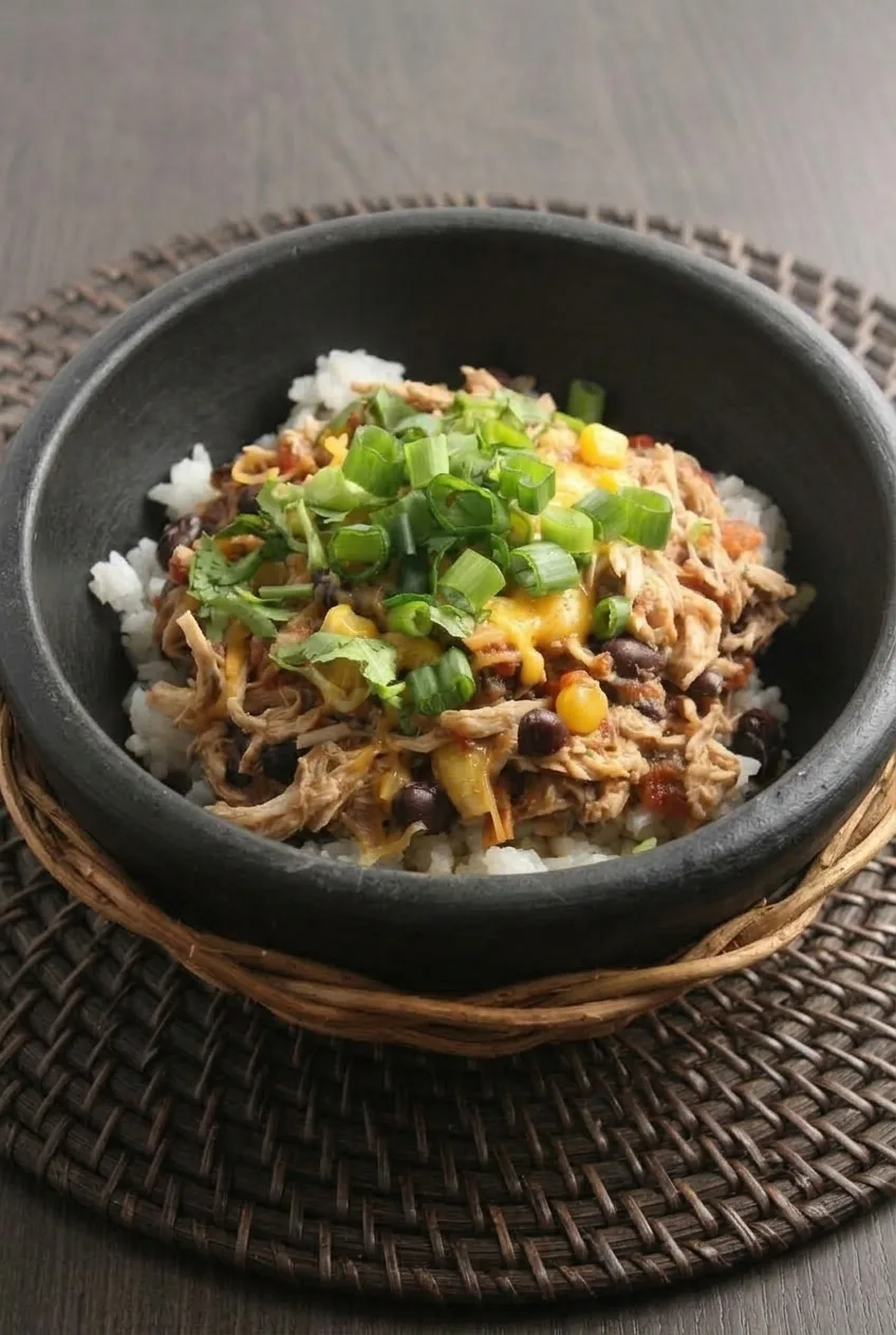 Complete Santa Fe chicken rice bowl with cheddar and green garnishes on a dark tabletop