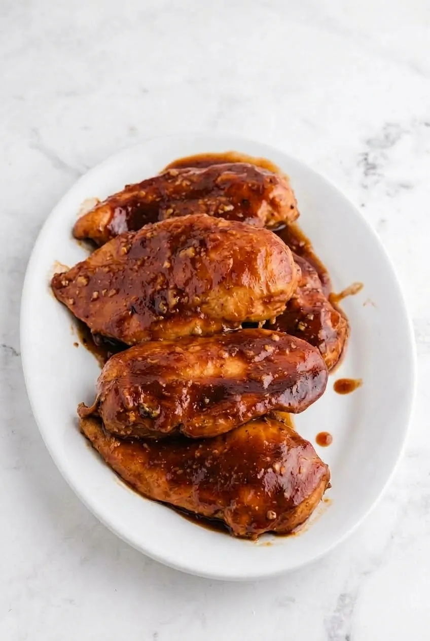 Full white plate of whole Coca Cola barbecue chicken breasts on a light countertop