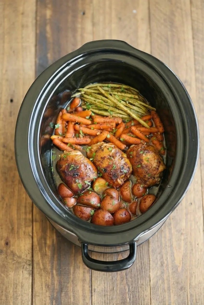 Full slow cooker of honey garlic chicken thighs and vegetables on a wooden surface