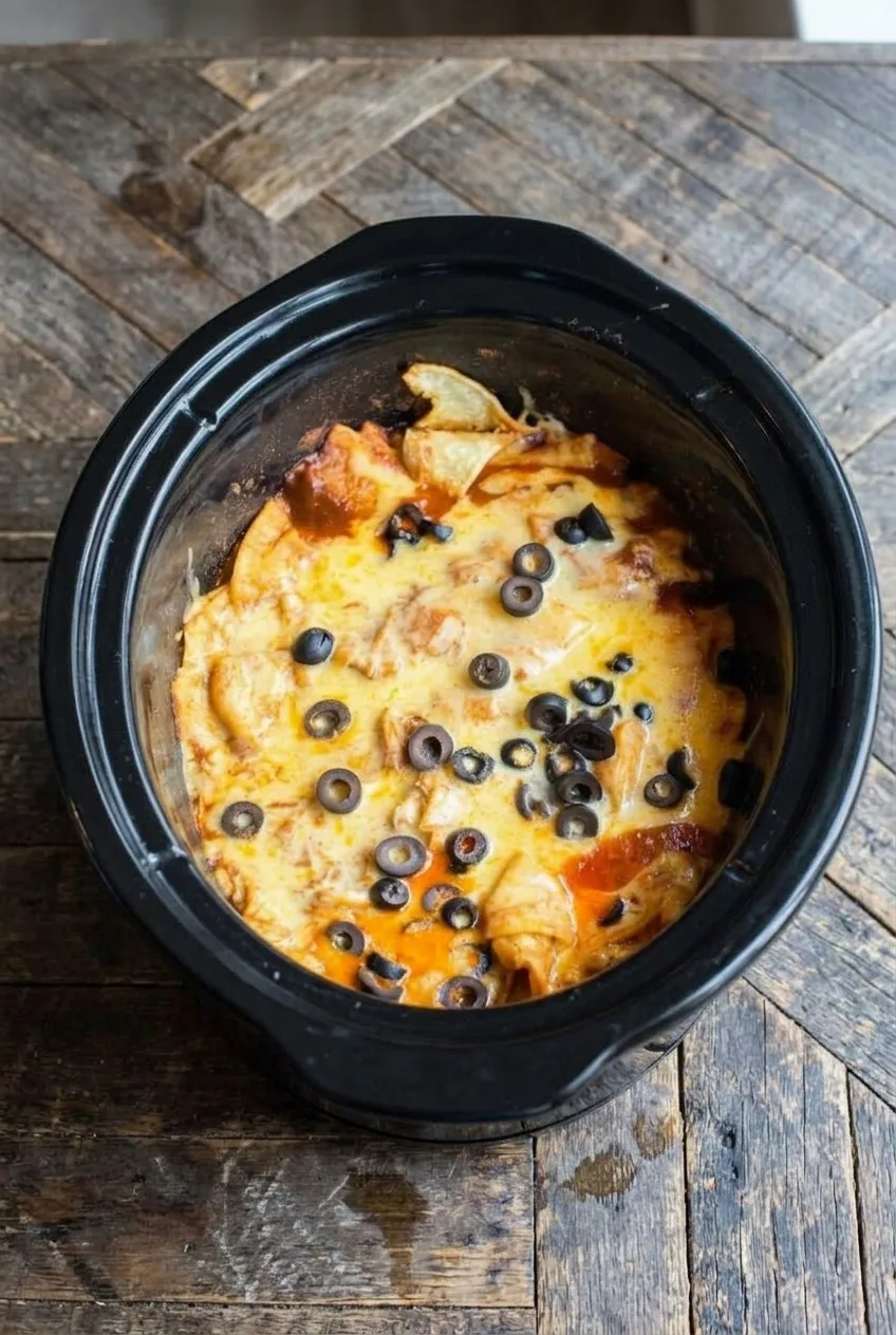 Complete chicken enchilada casserole in a black oval slow cooker on a wooden table