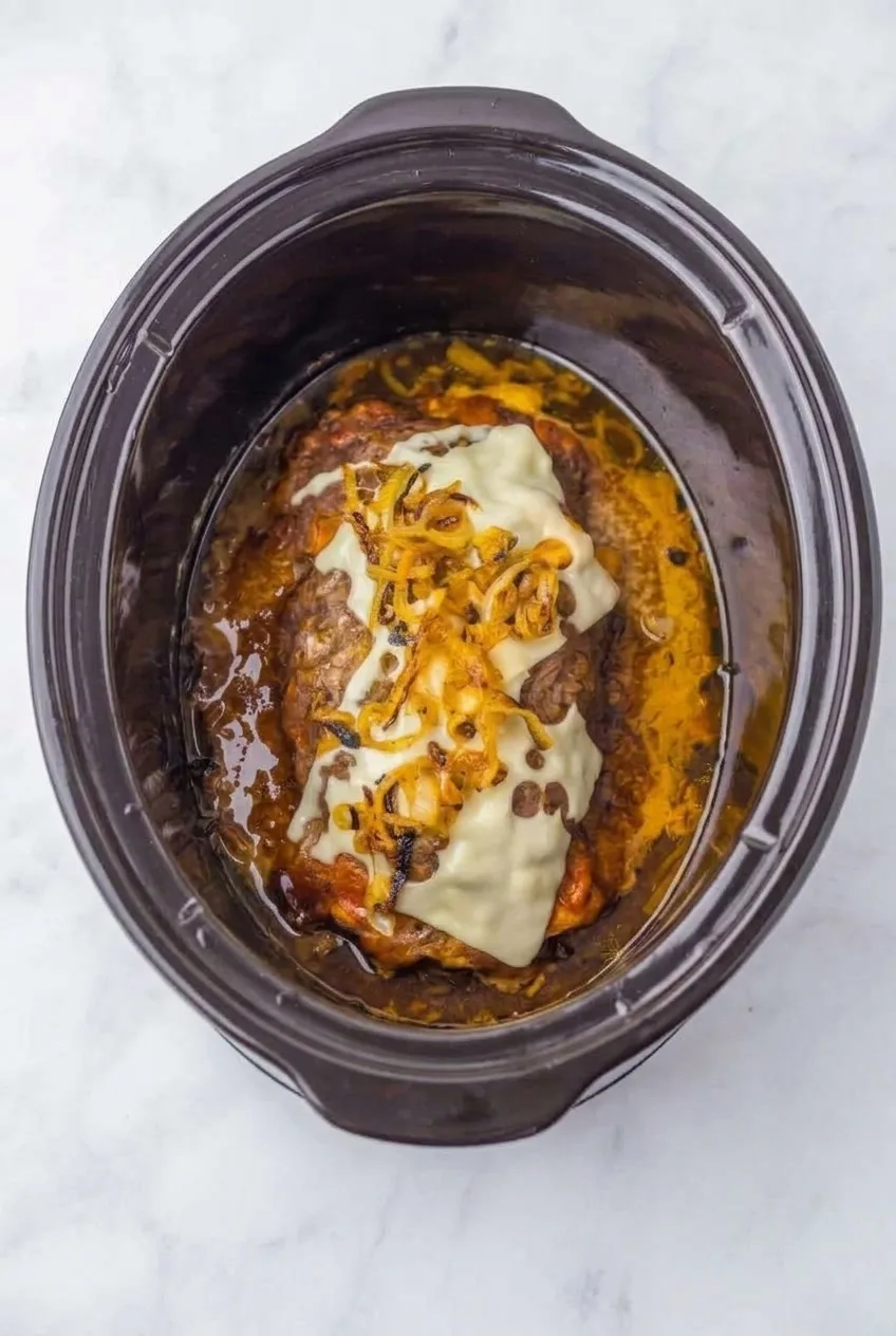 Whole Swiss-topped French onion meatloaf and amber juices in an oval slow cooker