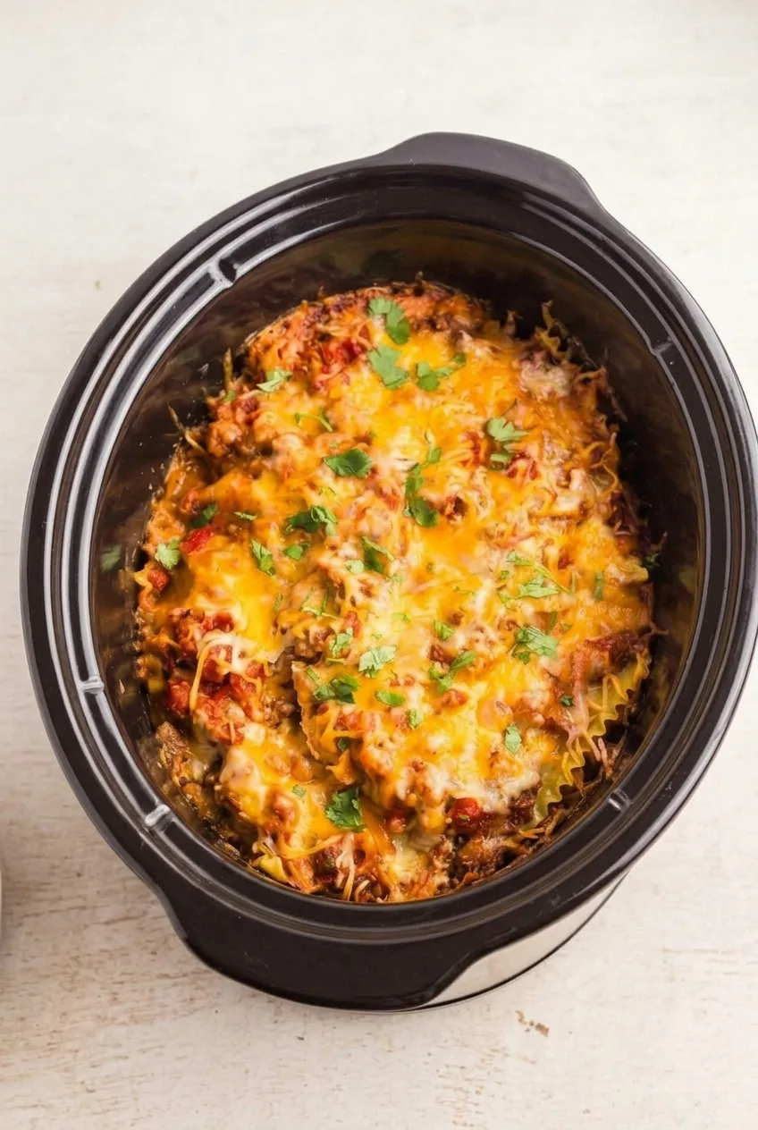Full oval slow cooker of Mexican lasagna with a scooped opening and cilantro on top