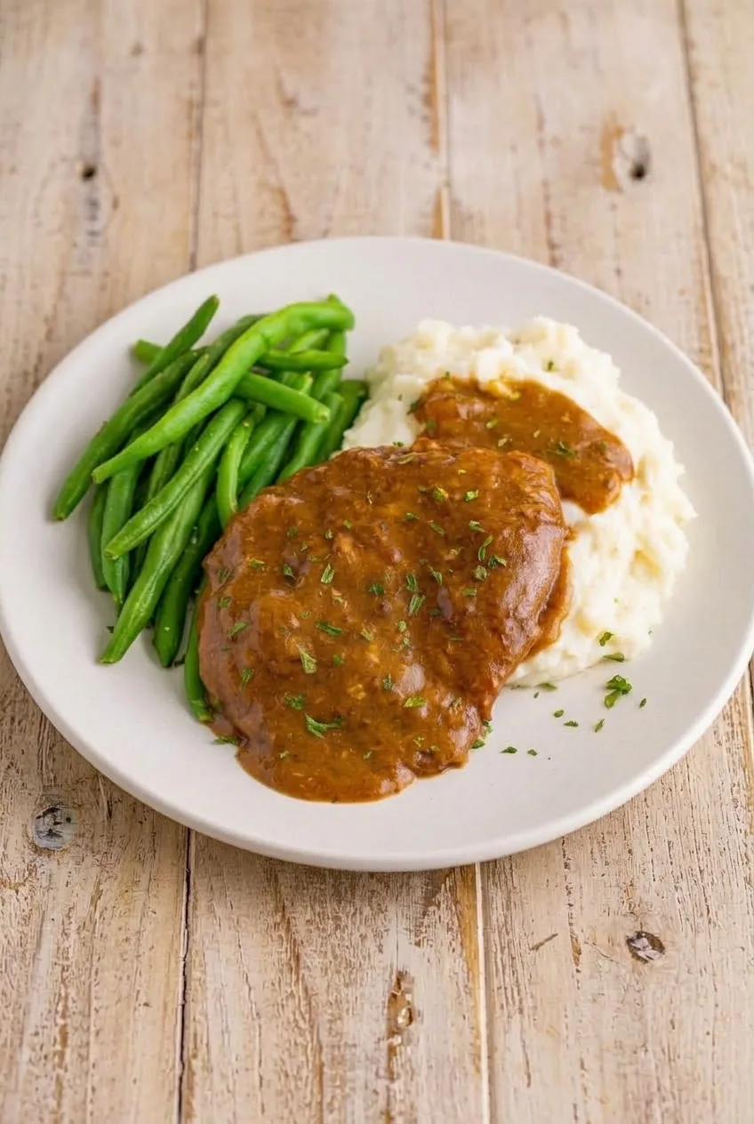 Full plate of gravy-covered cube steaks with mashed potatoes and green beans on a wooden table