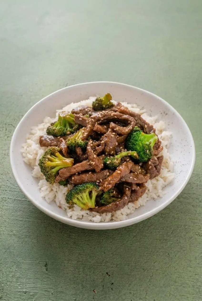 Full bowl of crockpot beef and broccoli over rice on a muted green tabletop