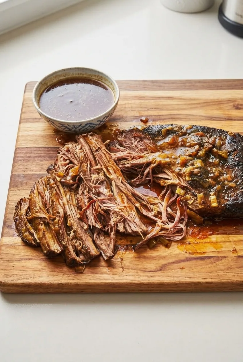 Partly pulled brisket and a small bowl of onion-rich juices on a wooden serving board