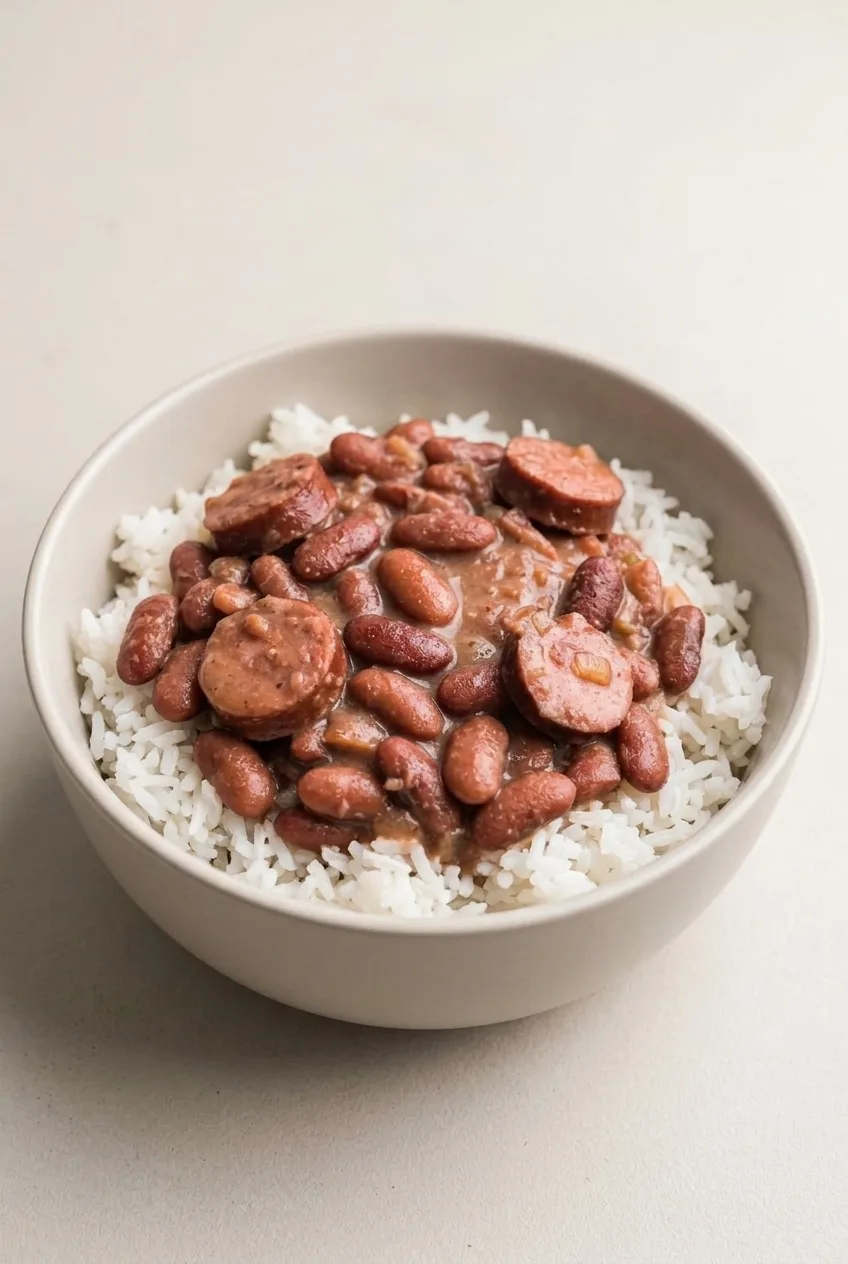 Bowl of Crock Pot Cajun red beans and andouille over white rice on a plain tabletop