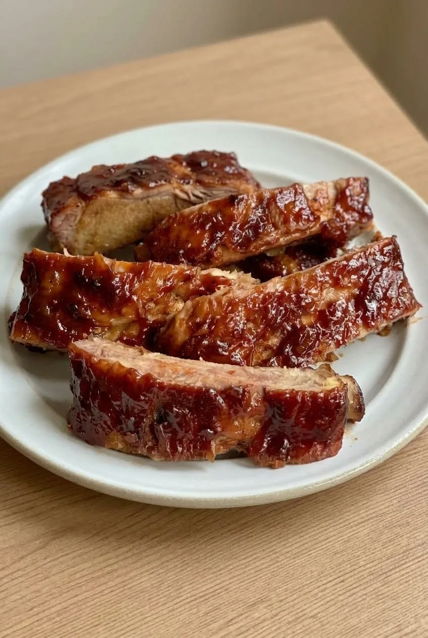 Full platter of saucy, bone-in Crockpot BBQ rib sections on a neutral tabletop