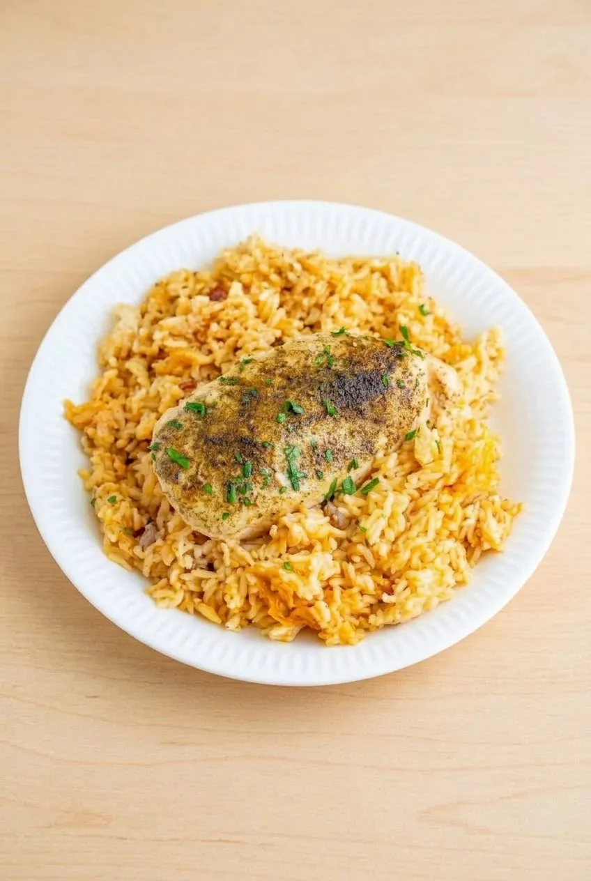Full plate of no peek chicken casserole on a wood table, with chicken over golden rice