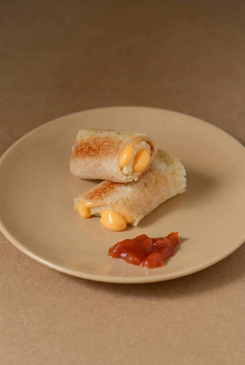 Wider view of two stacked grilled cheese roll-ups and a small red dip on a plate