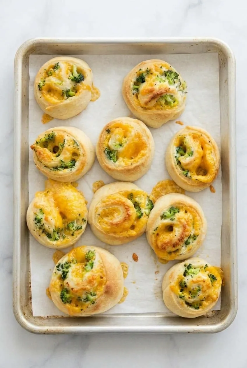 Wider view of separate broccoli cheese pinwheels on a parchment-lined baking sheet