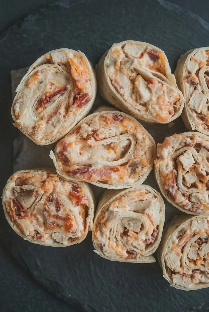 Wider view of a full serving of chicken bacon ranch pinwheels on a dark board