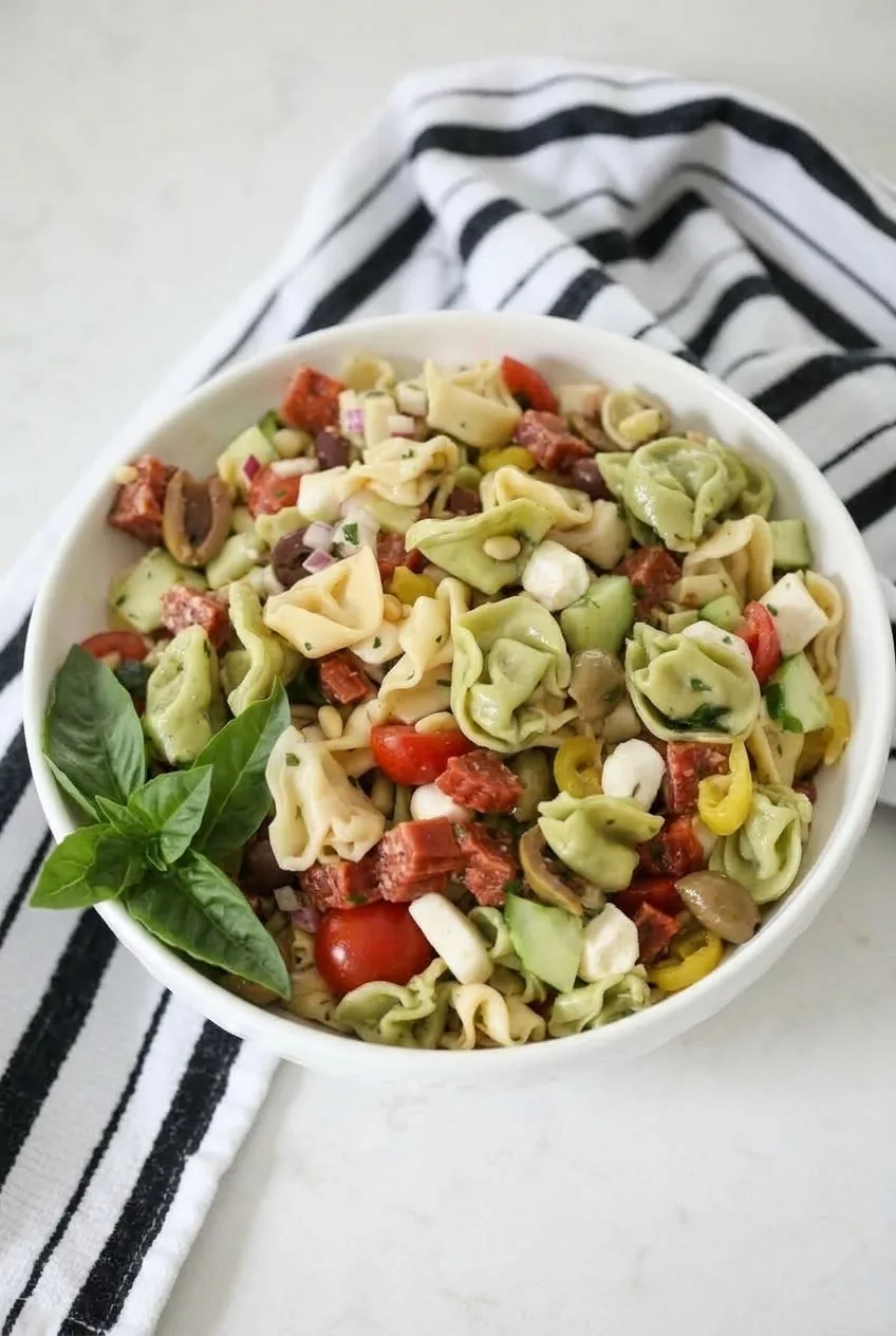 Full white serving bowl of colorful cold tortellini pasta salad on a striped cloth