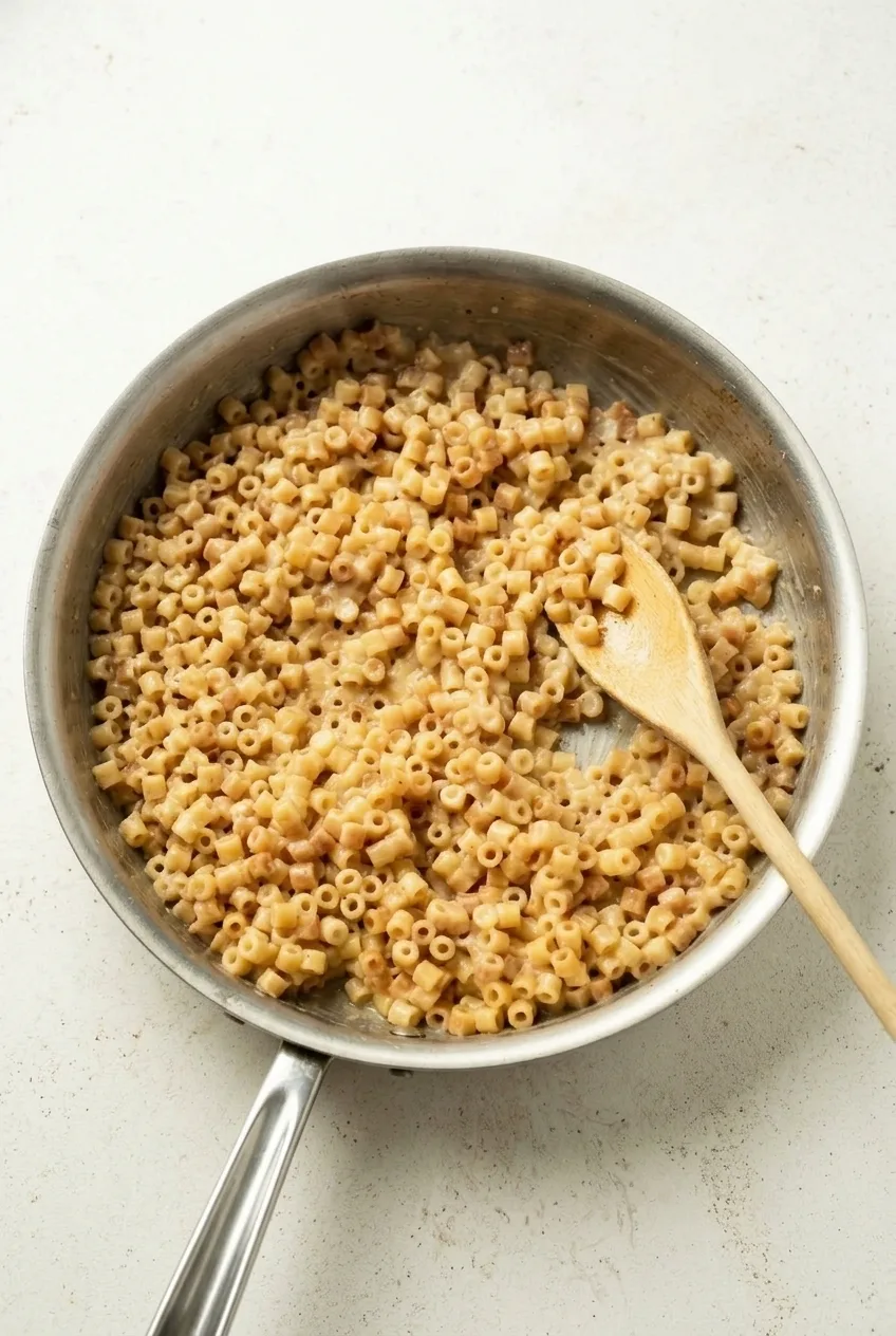 Full shallow pan of garlic butter ditalini with a wooden spoon on a pale countertop.