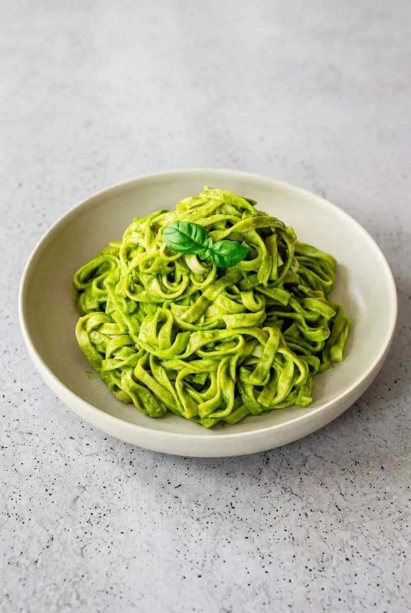 Complete bowl of basil-topped spinach fettuccine on a light gray surface, photographed from farther back
