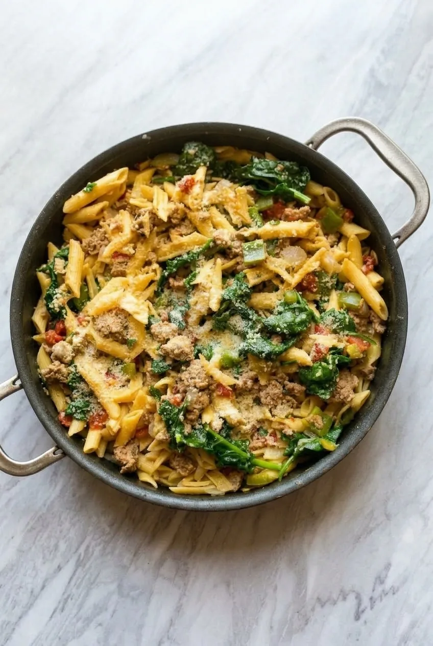 Full skillet of ground turkey pasta on a pale surface, with vegetables and Parmesan visible