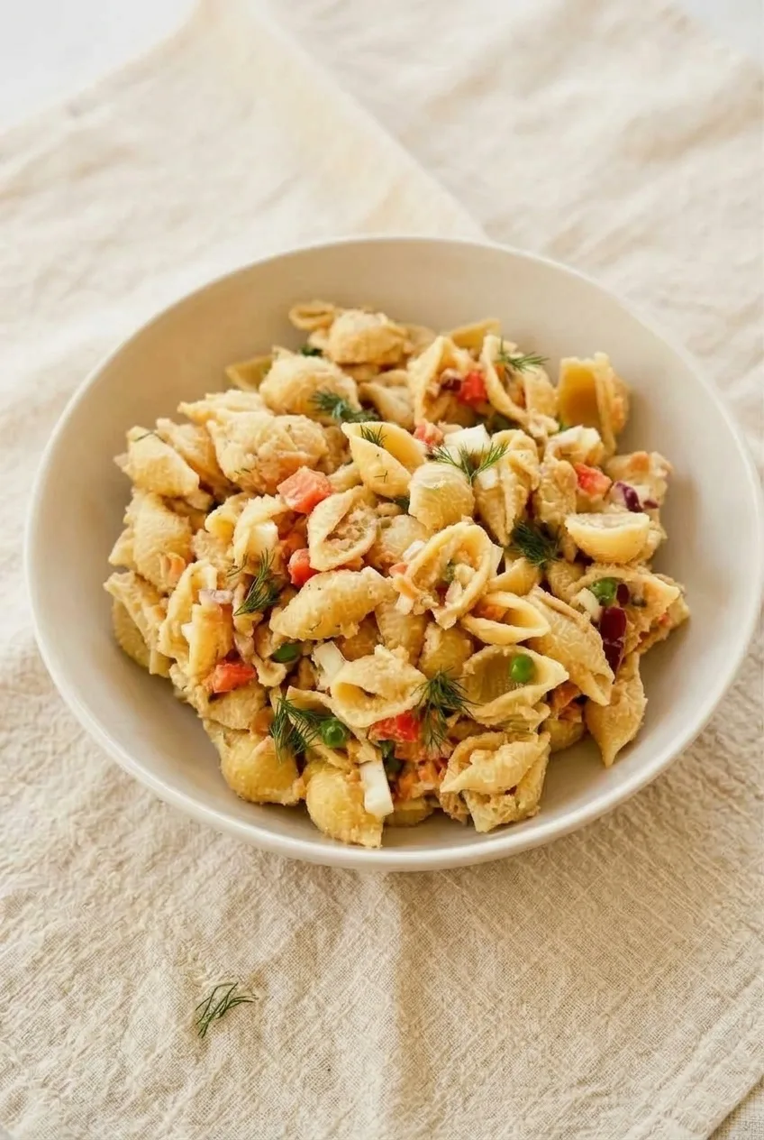 Full bowl of chilled tuna shell pasta salad on a light linen-covered table