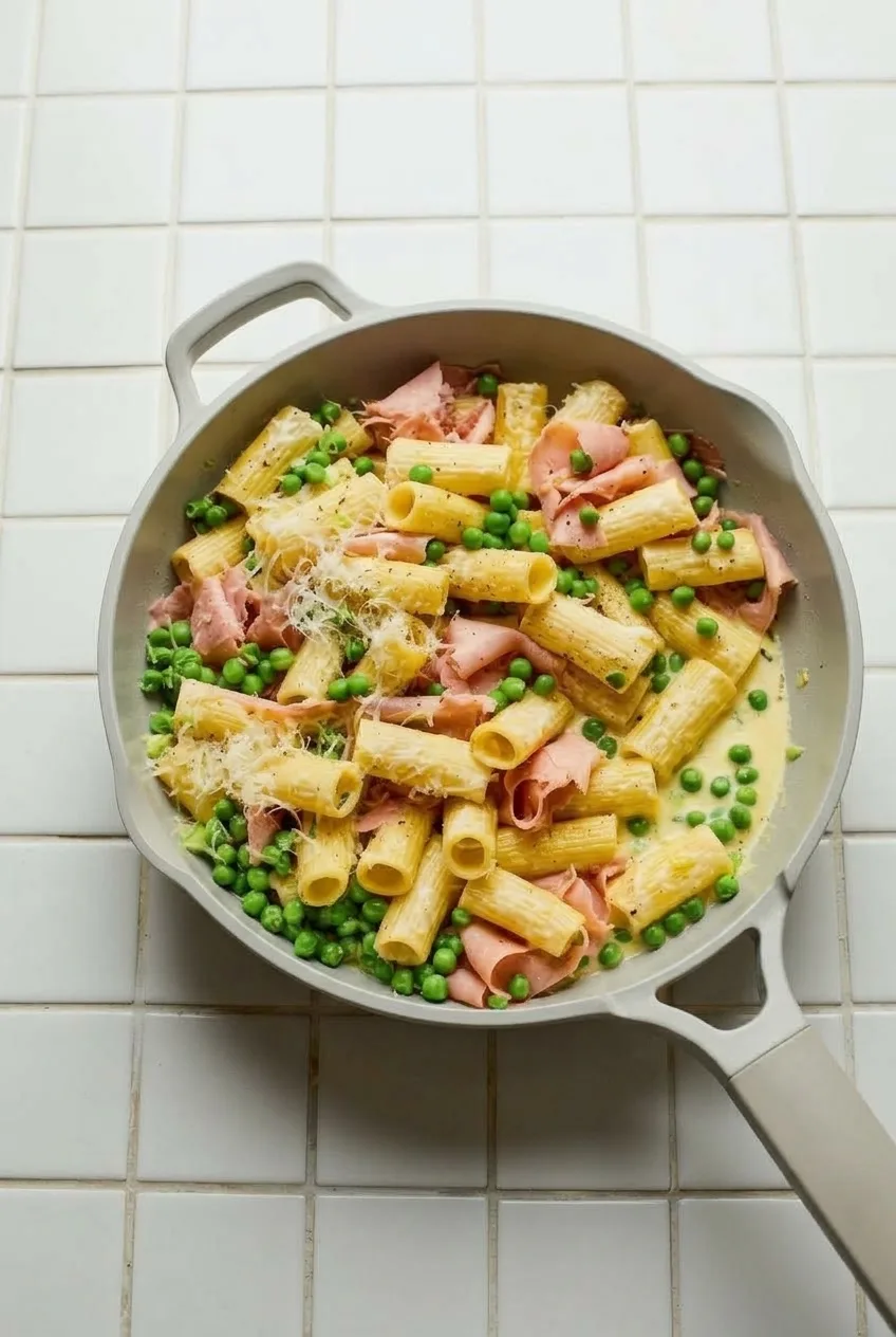 Wide view of the complete pan of pasta with peas and ham on a pale tiled surface