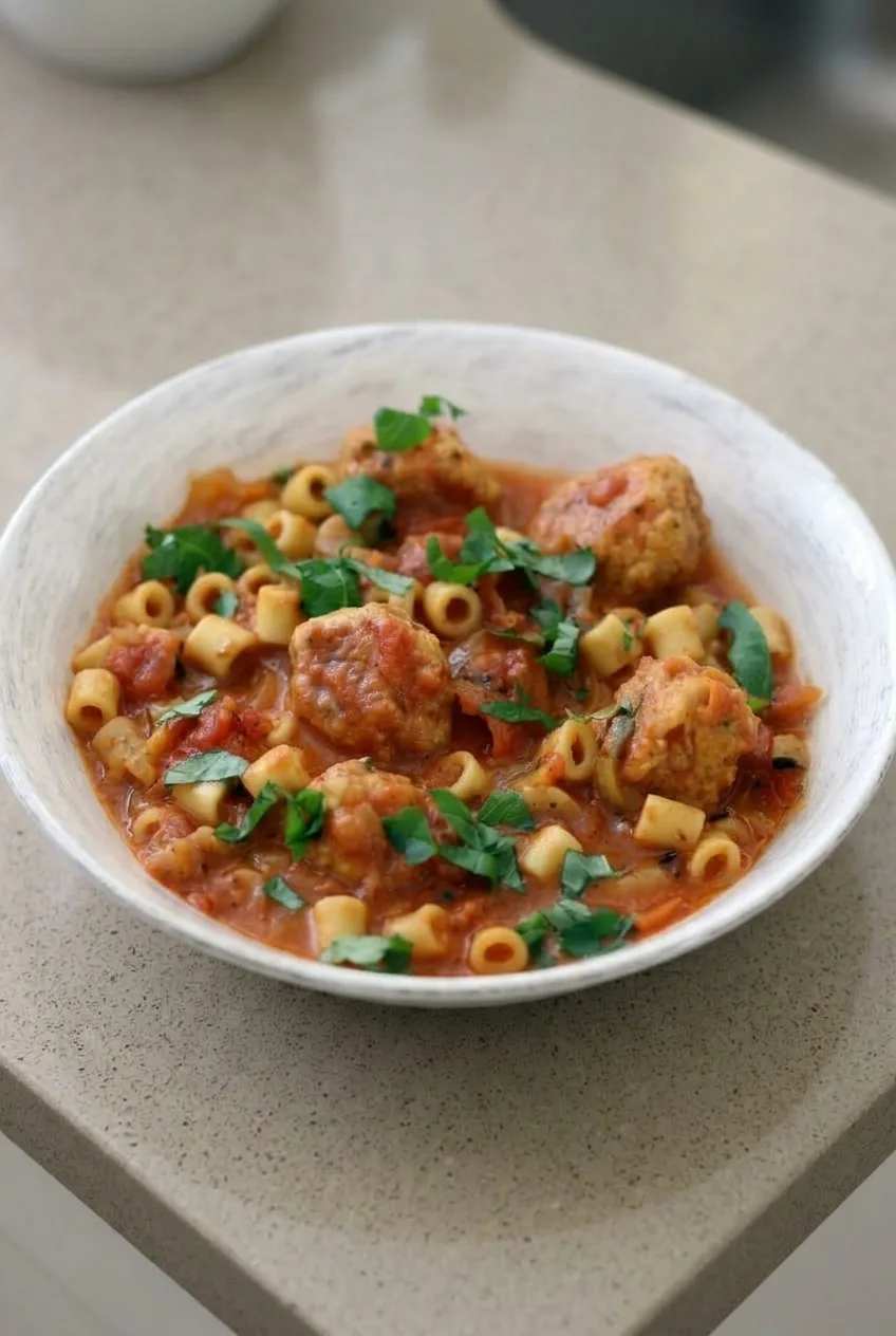 Full bowl of saucy ditalini and small meatballs on a light neutral surface