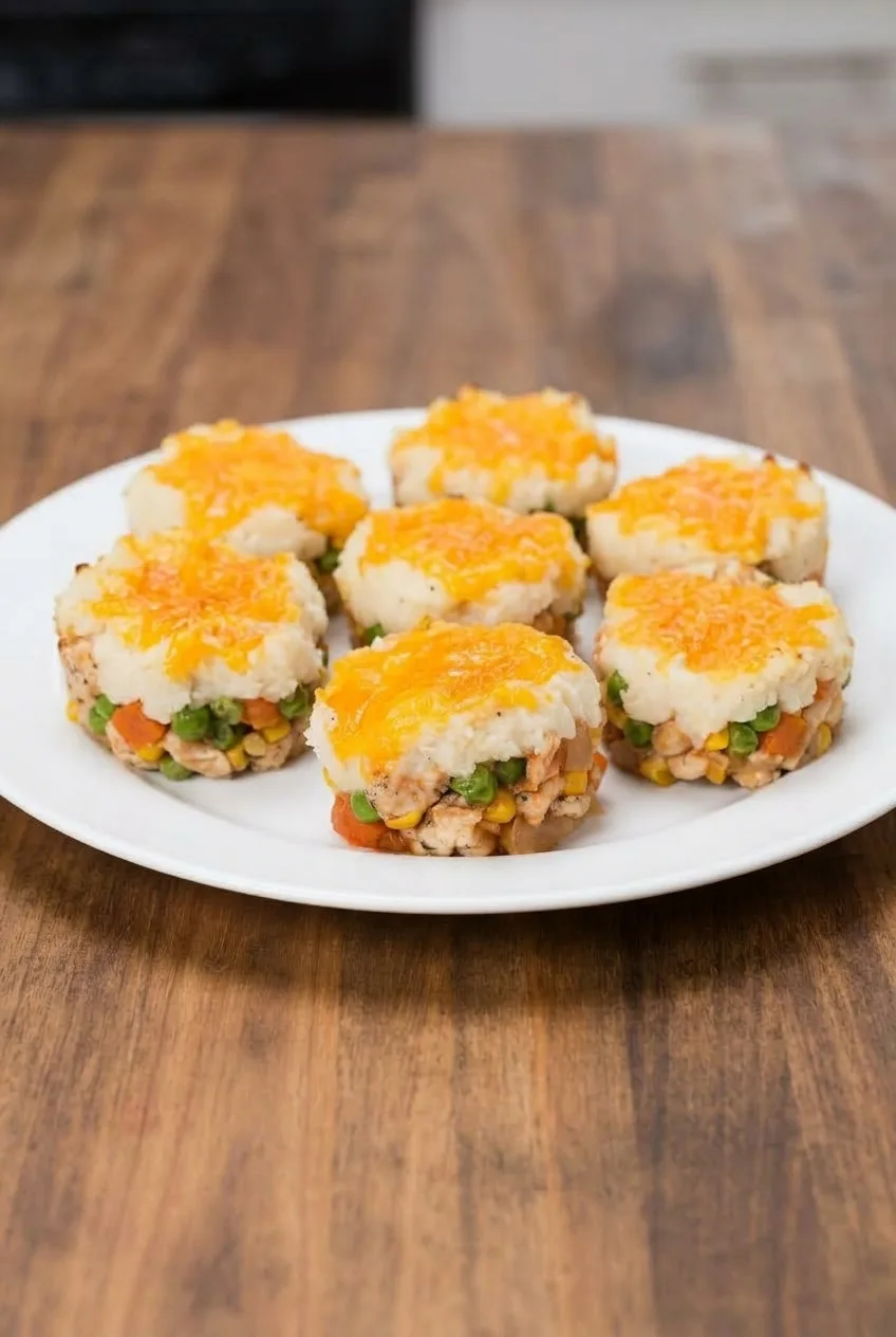 Several mini shepherd’s pie cups on a plate, with colorful filling visible below their cheesy potato tops