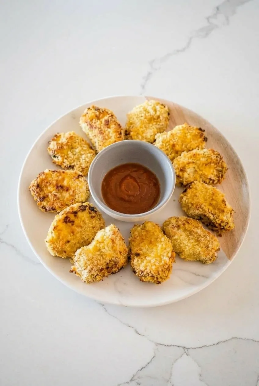 Full plate of homemade hidden veggie chicken nuggets circling a bowl of dip on a pale countertop.