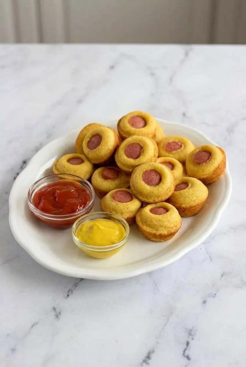 Full white platter of mini corn dog muffins with separate ketchup and mustard bowls on a pale surface.