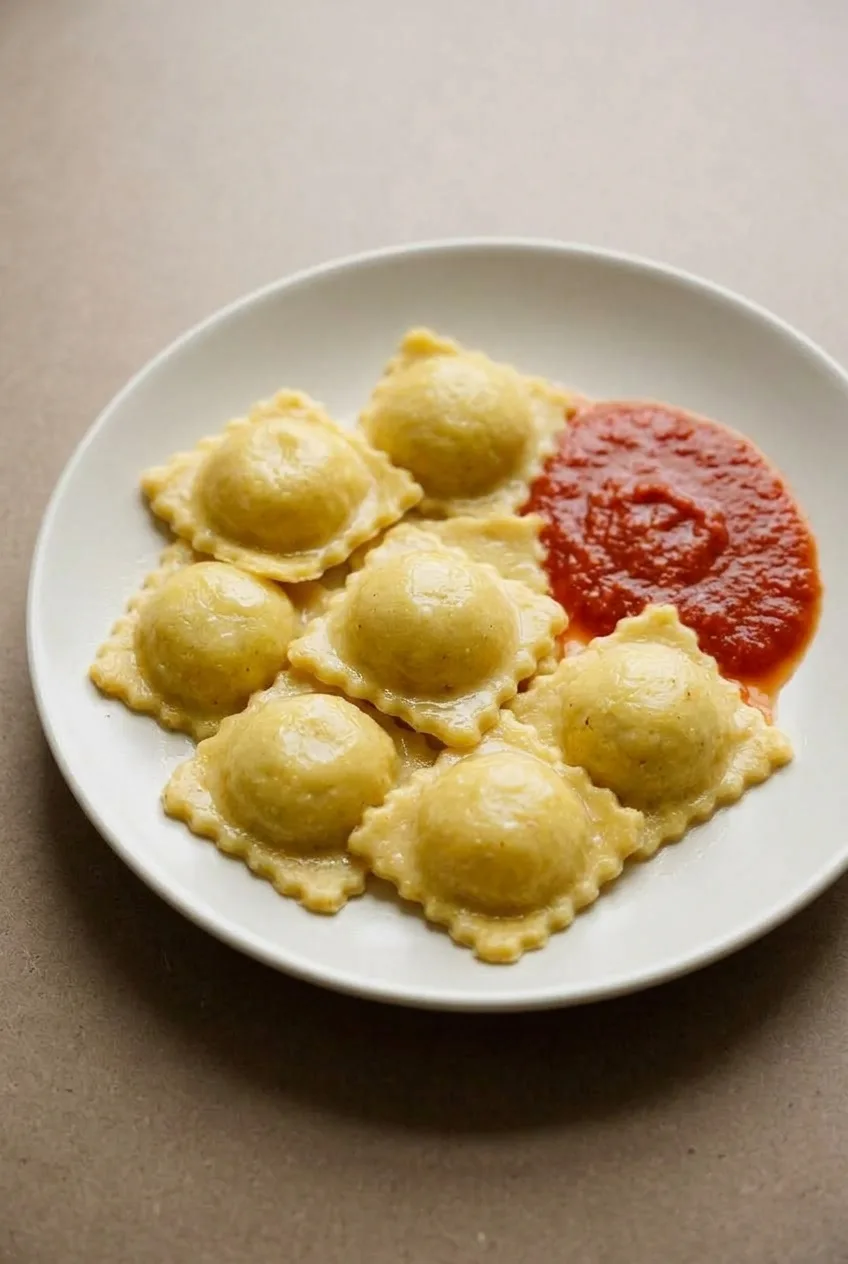 A serving of cooked cheese and spinach ravioli with marinara alongside on a plate