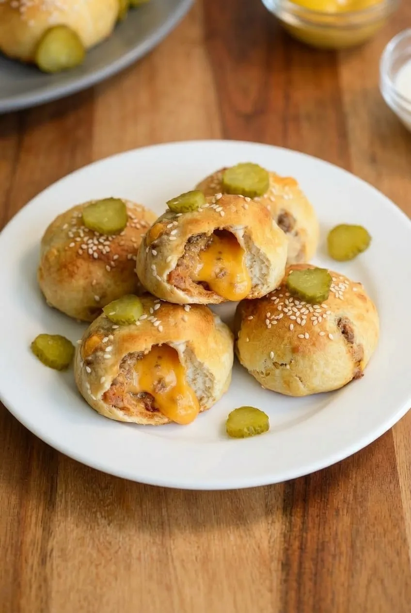 Plate of golden sesame-topped cheeseburger bombs, one opened to show its beef and cheese filling
