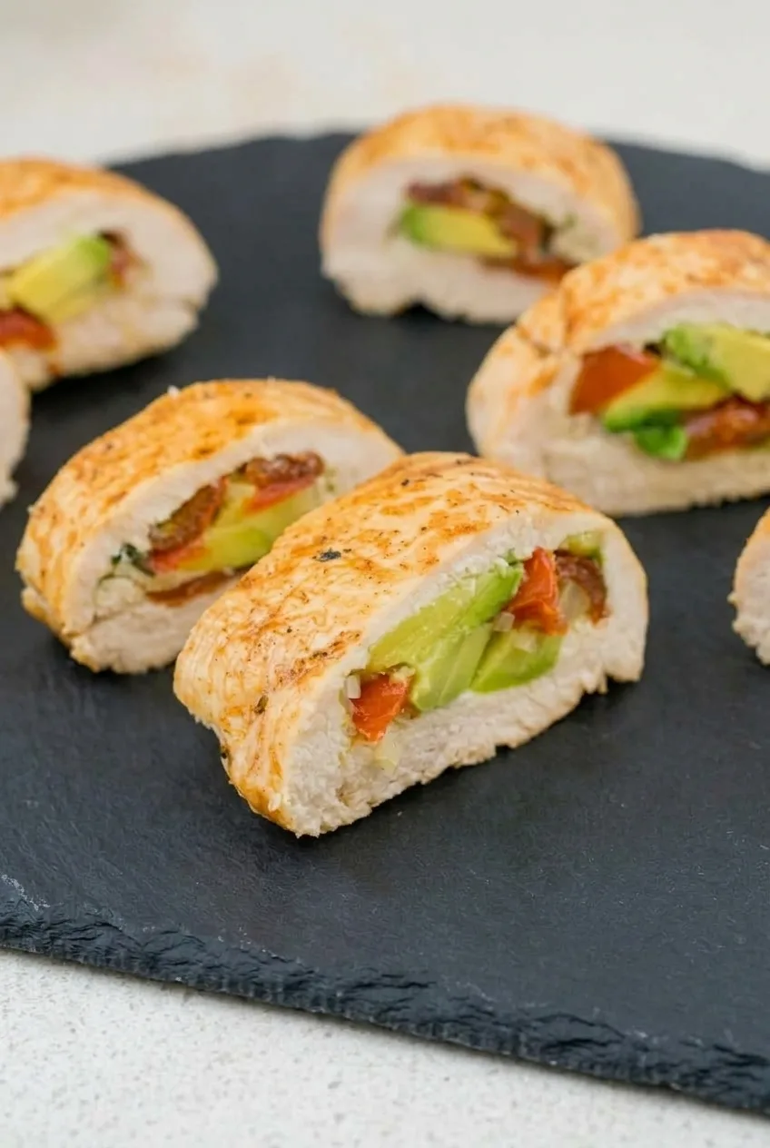 Full serving of thick-cut chicken avocado roll-ups arranged on a dark platter