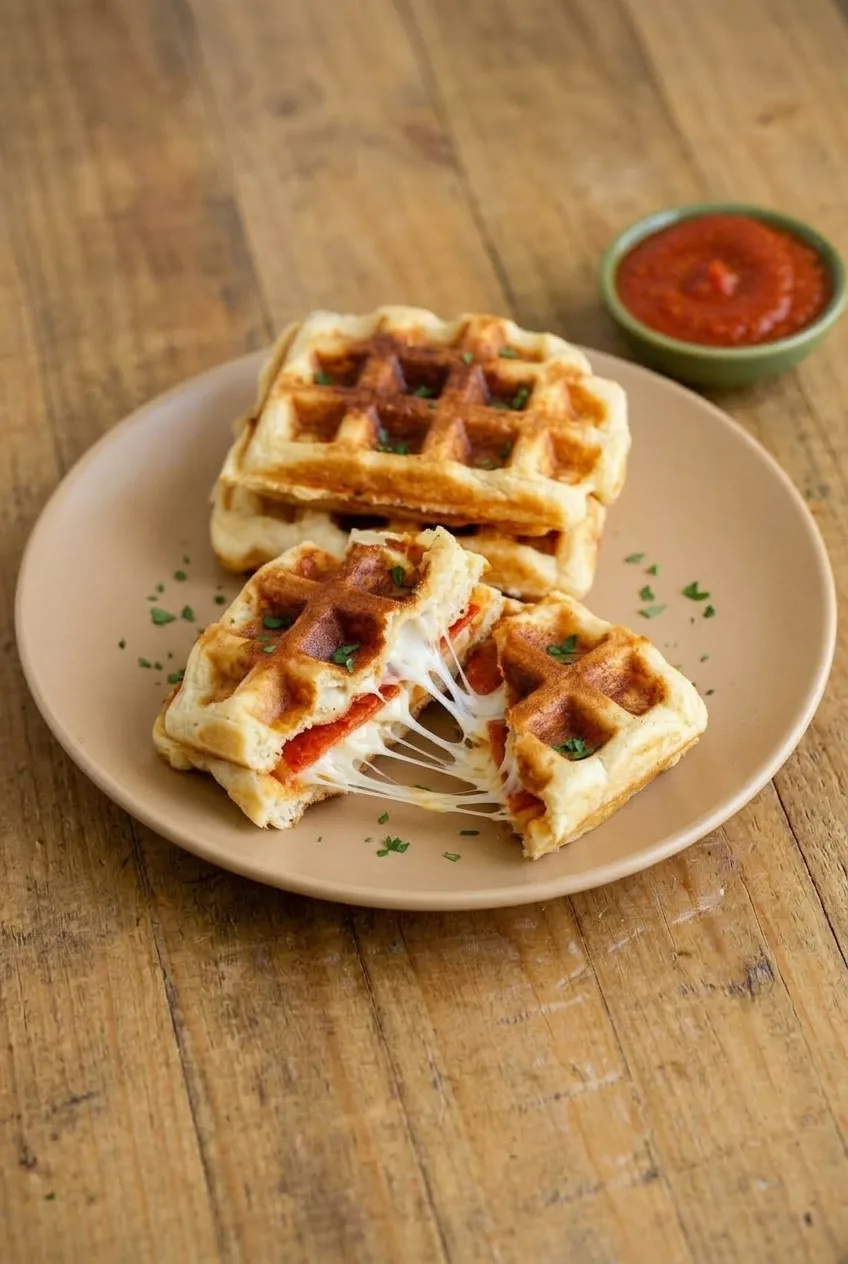Full plate of square pizza waffles with one opened and a small bowl of sauce for dipping