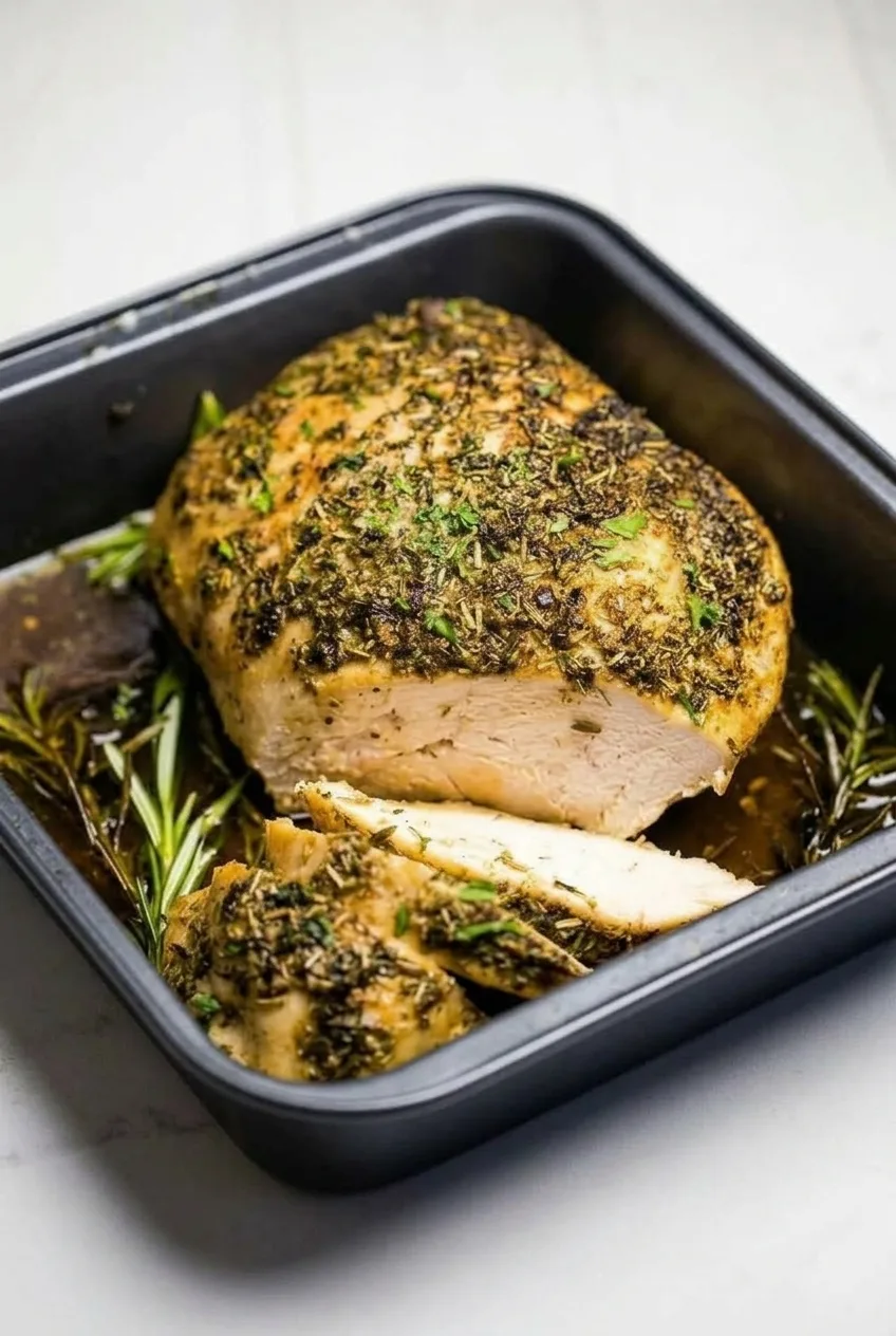 Full roasting pan of partly carved garlic herb butter turkey breast on a light surface