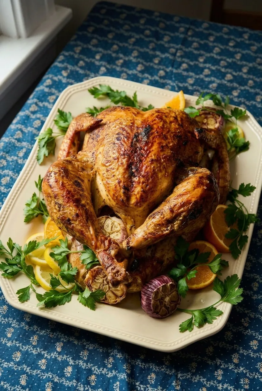 Whole roast turkey and its garnishes on a rectangular platter, photographed with more tabletop visible.