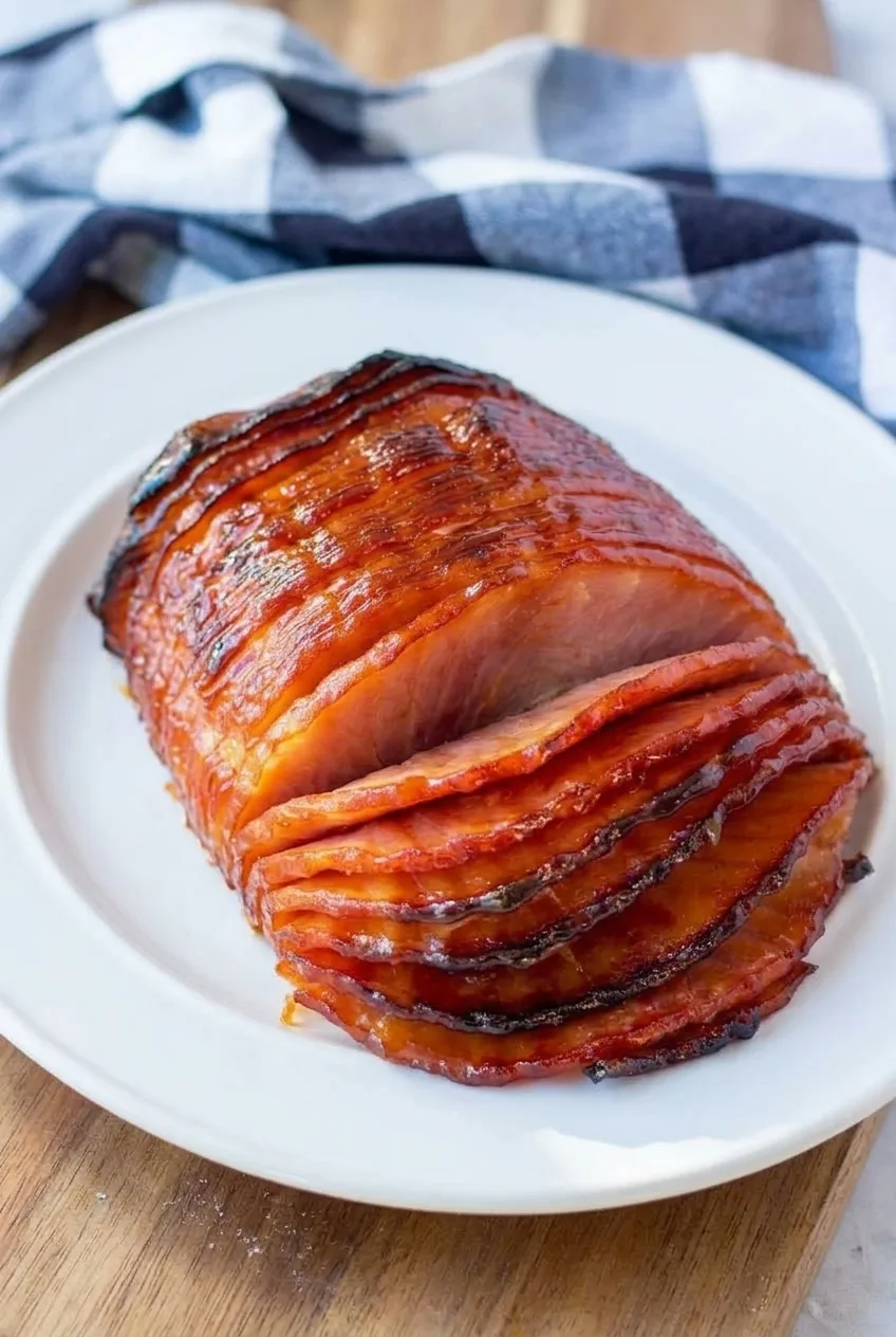 Whole maple glazed ham and its white oval platter in a wider view, with front slices gently fanned