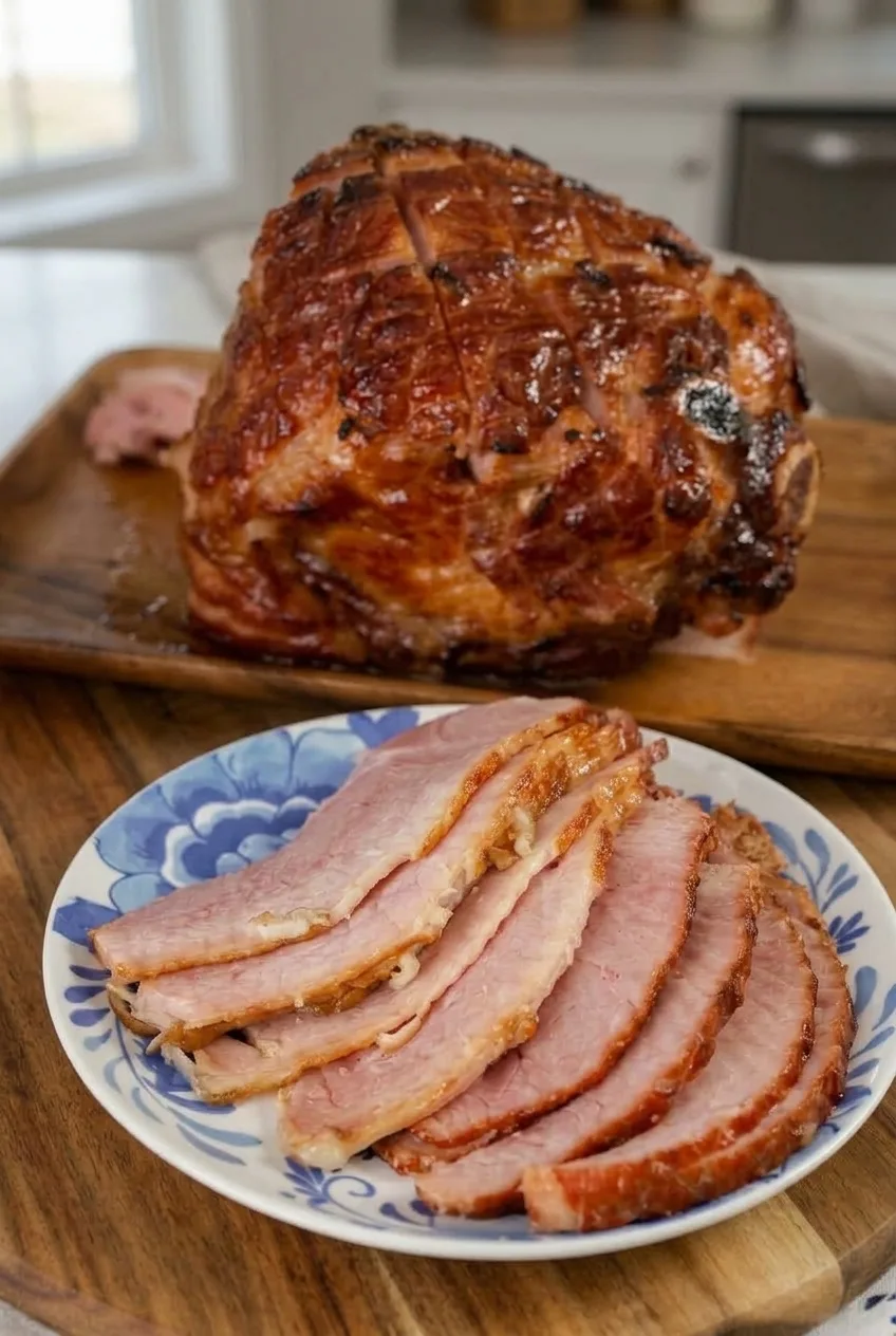 Whole scored glazed ham on a board behind a full plate of thin carved slices