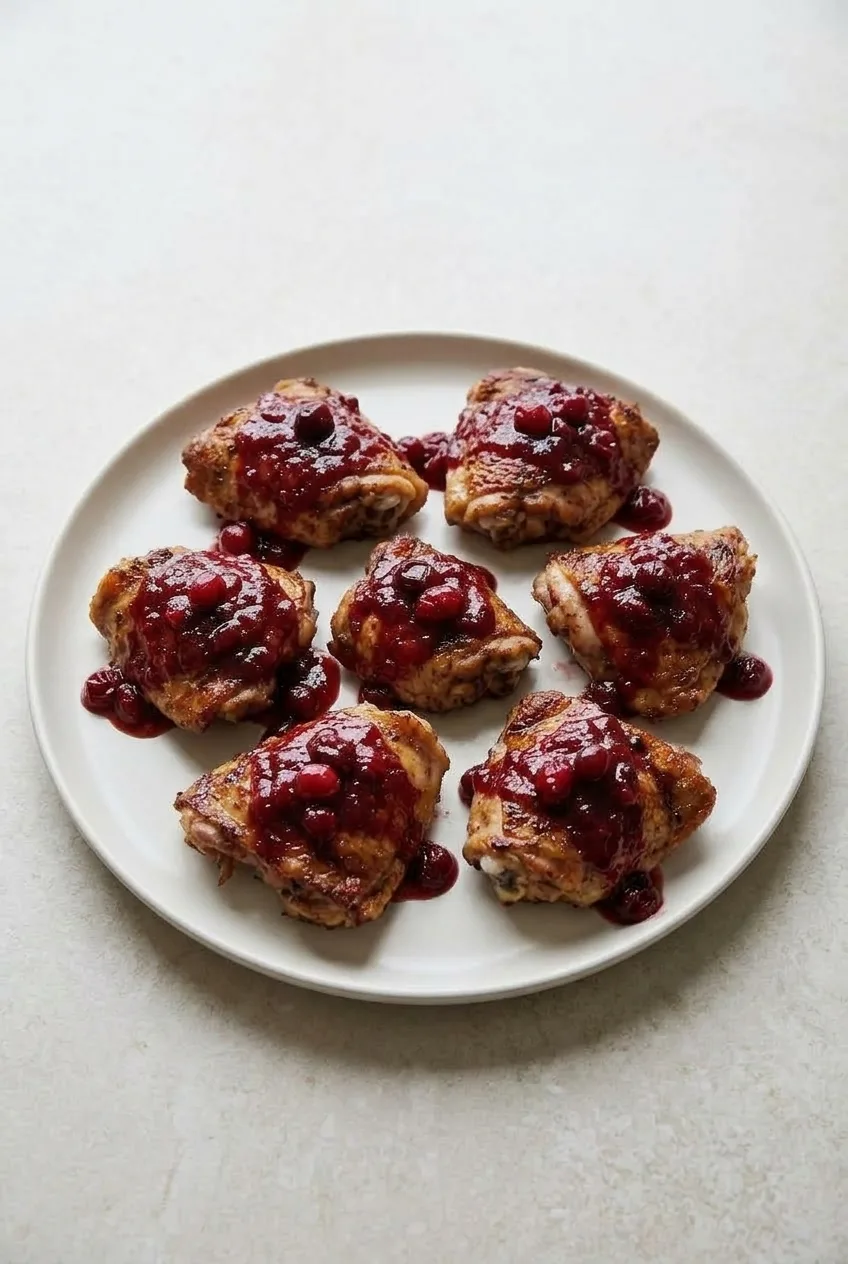Full platter of cranberry glazed chicken thighs on a pale stone surface