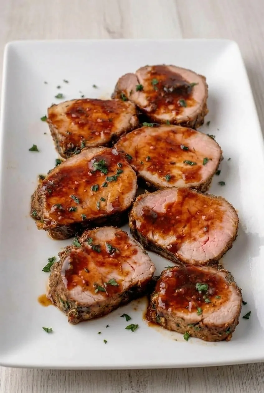 Full white platter of overlapping glazed maple Dijon pork loin slices in a wider serving view