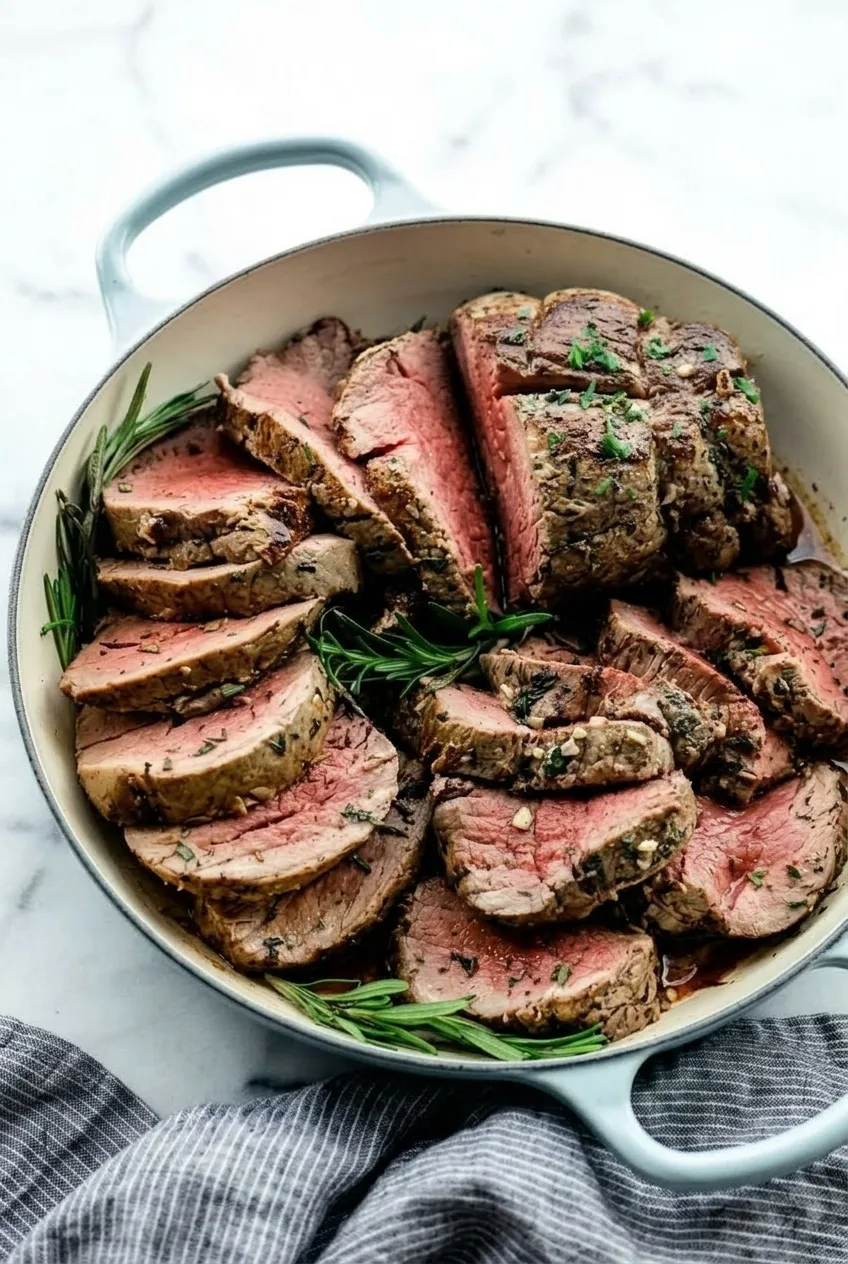 Full pan of sliced beef tenderloin with garlic herb butter on a light tabletop.
