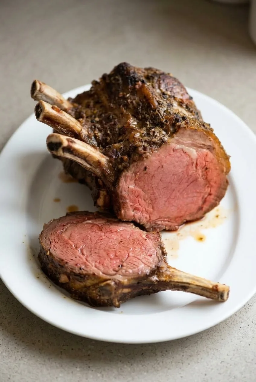 Partially carved prime rib roast and one bone-in slice on a white platter