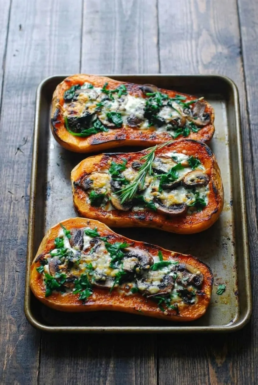 Wider view of three stuffed butternut squash halves on a baking sheet over dark wood