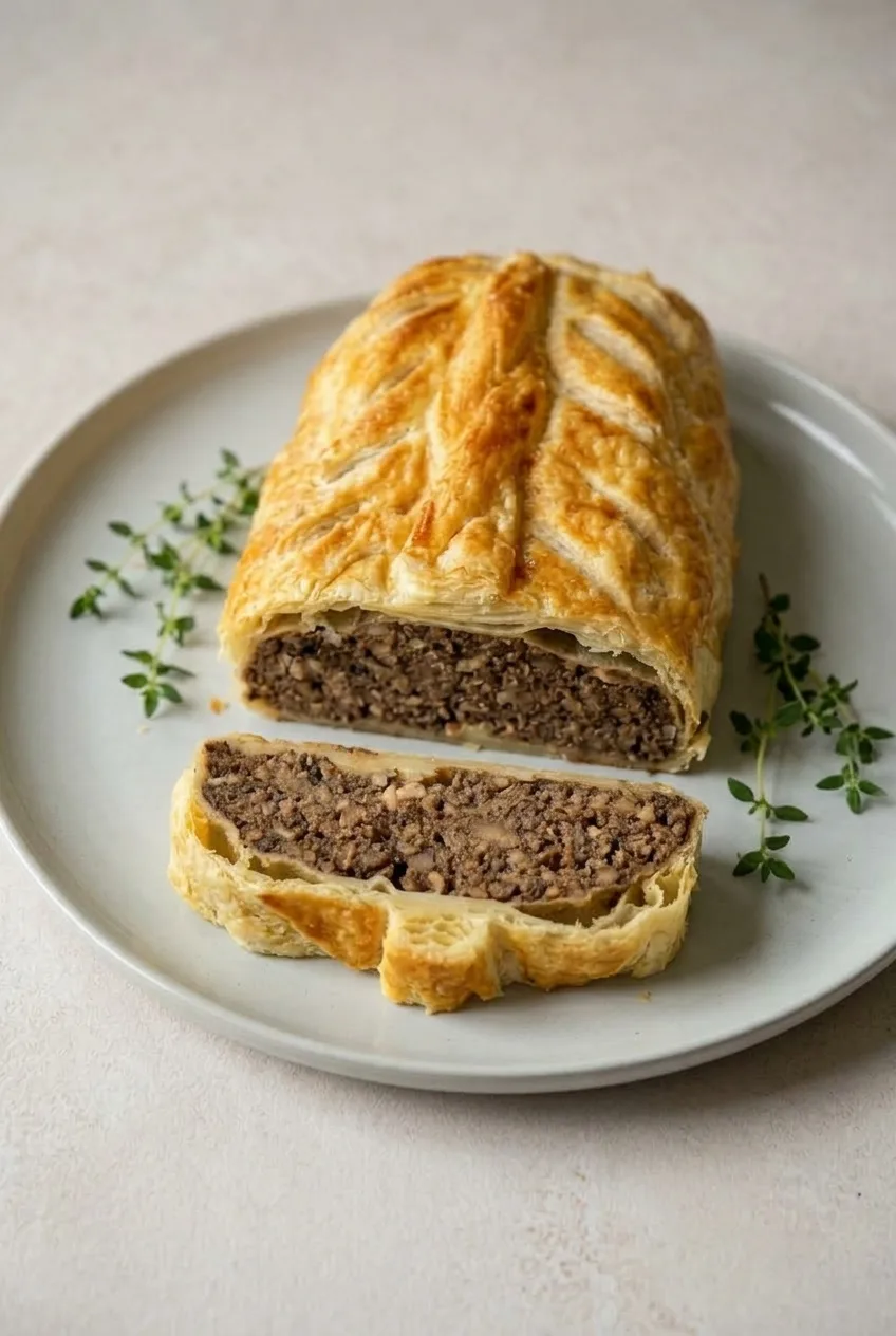 Whole scored Mushroom Wellington and a thick cut slice on a plate, viewed from farther back