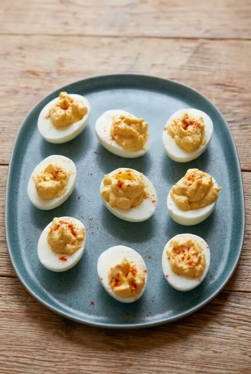 Full platter of classic deviled egg halves loosely arranged on a wooden table