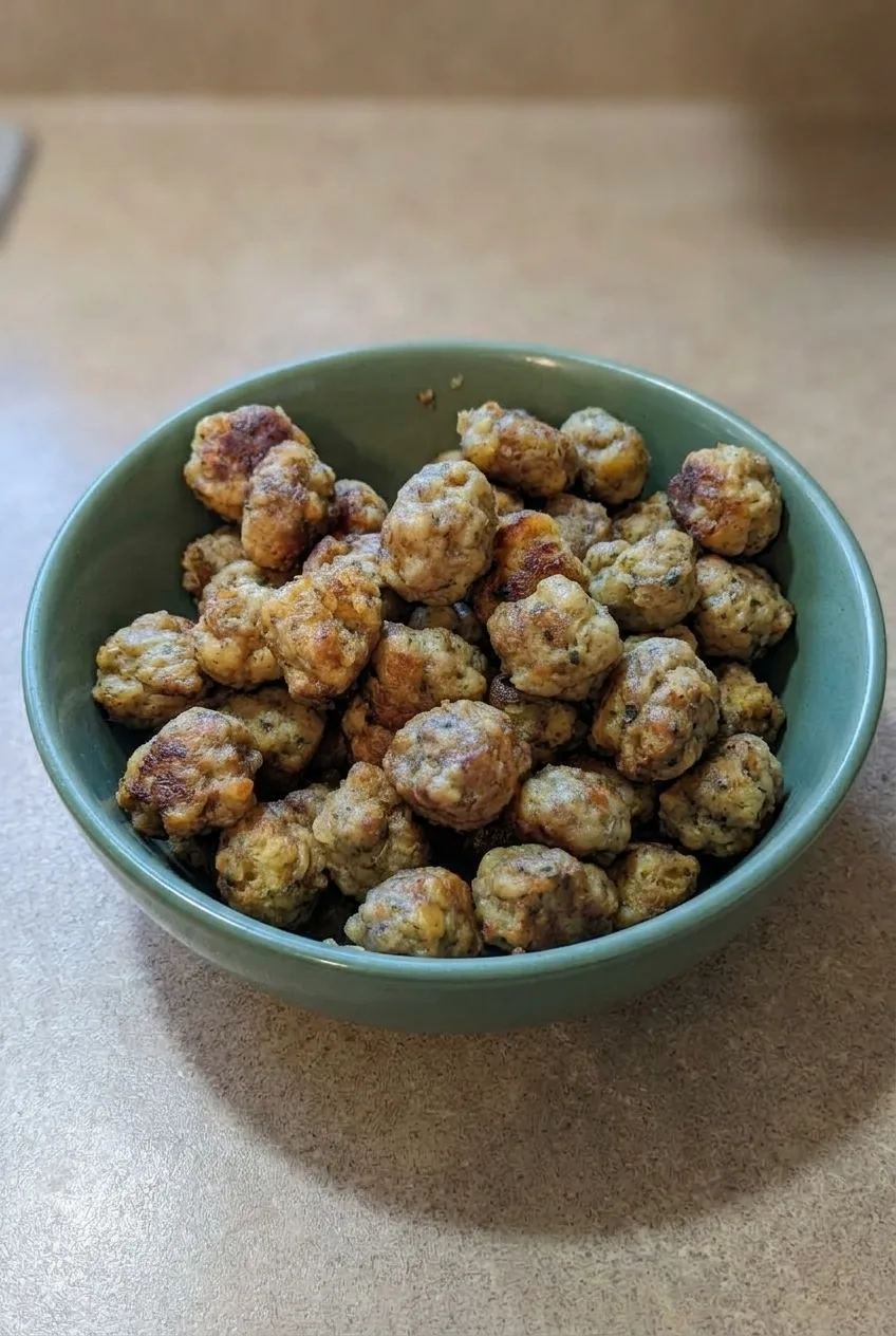 Full green bowl of sausage stuffing balls on a simple tabletop